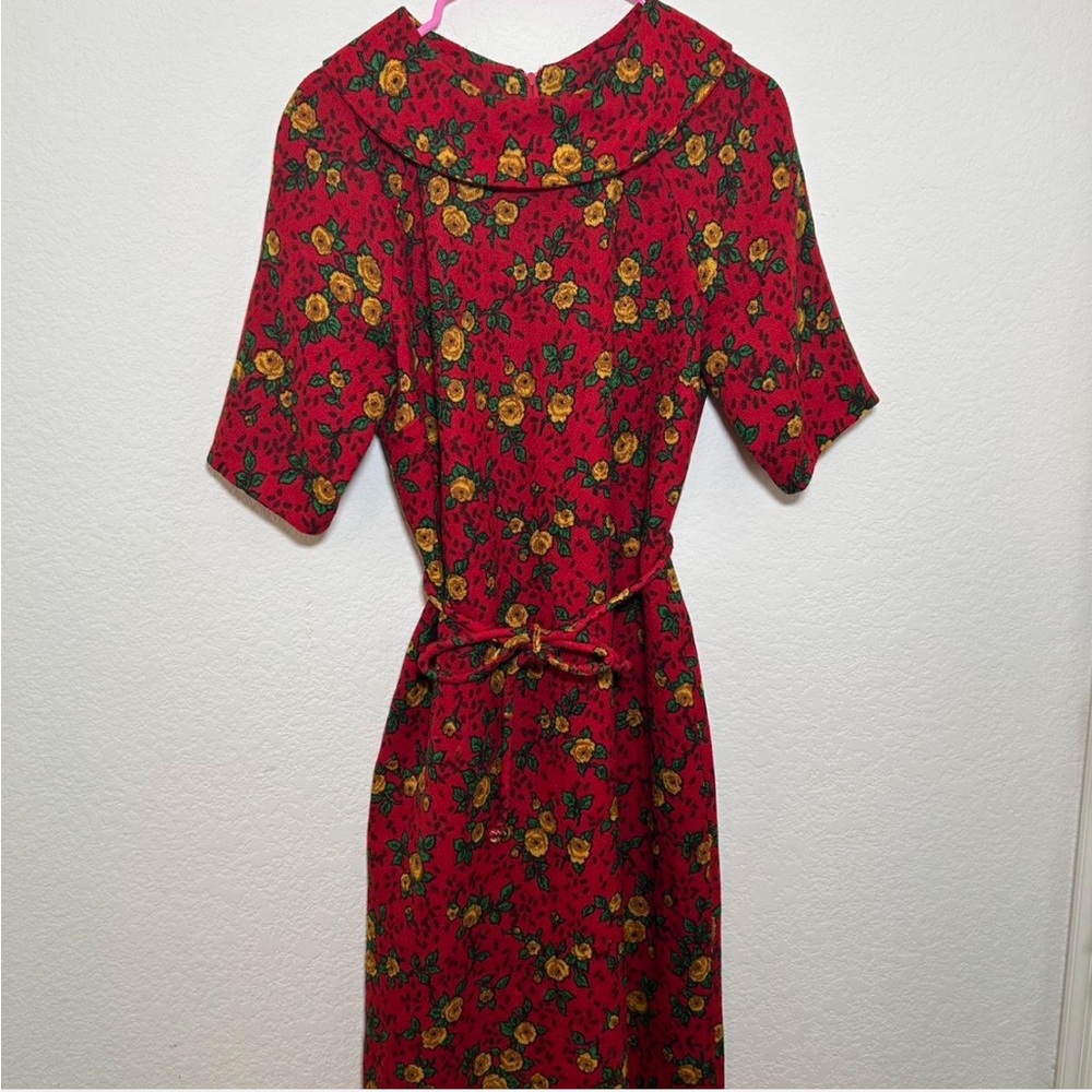 1960s Handmade Red Floral Dress with matching belt